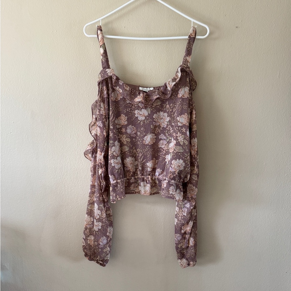 American Eagle Floral Cold Shoulder Ruffle Blouse Metallic Detail Size XL Mauve